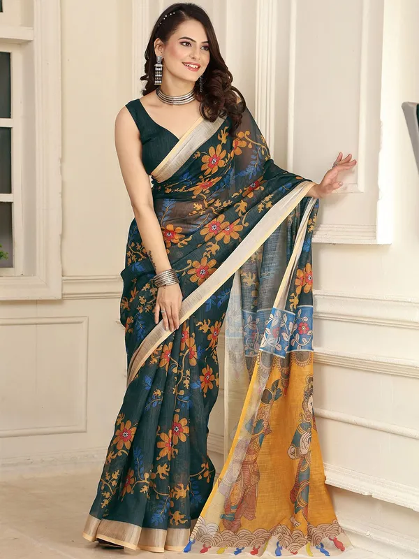 Black__Linen_Digital_Print_Sari_With_Unstitched_Blouse_Piece