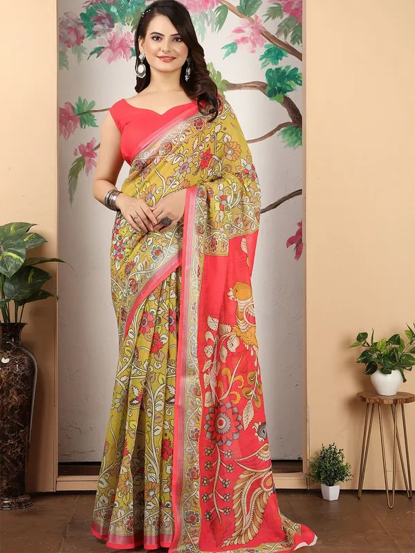 Yellow_Kalamkari_Digital_Print_Linen_Saree_With_Unstitched_Blouse_Piece
