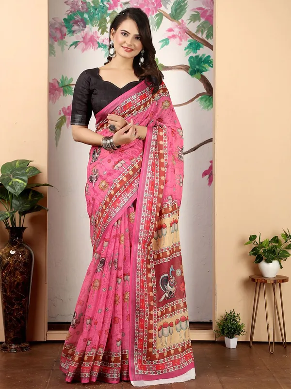 Pink_Kalamkari_Digital_Print_Linen_Saree_With_Unstitched_Blouse_Piece