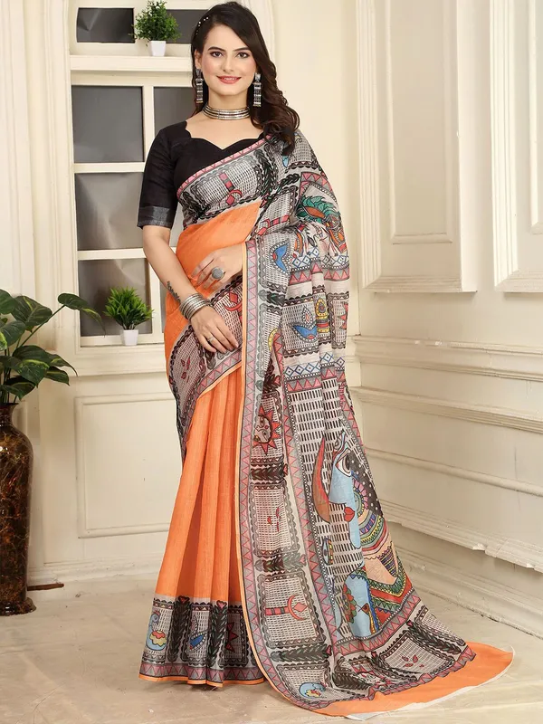Orange_Kalamkari_Print_Linen_Digital_Print_Sari_With_Unstitched_Blouse_Piece