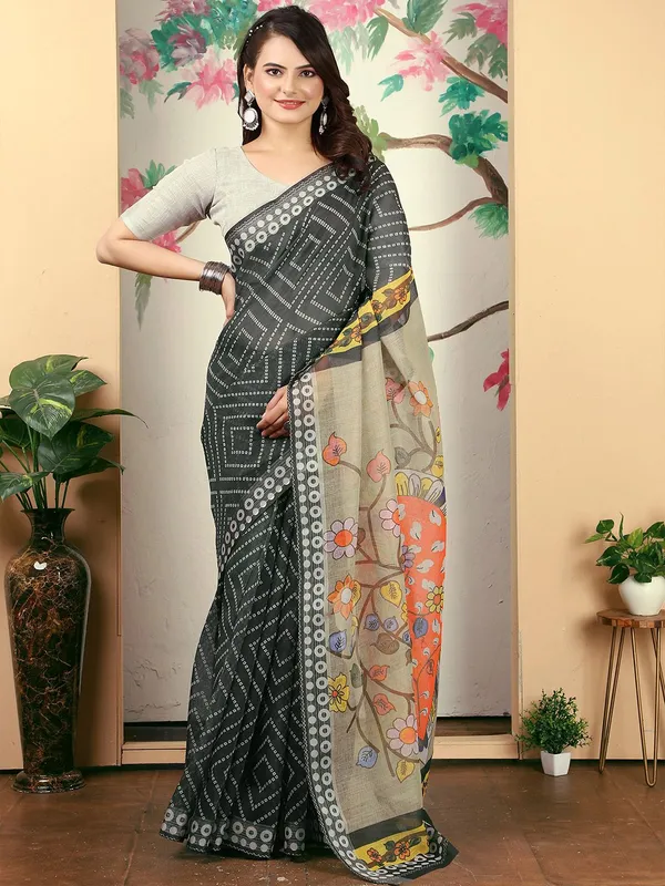 Black_Linen_Digital_Print_Kalamkari_Saree_with_Unstitched_Blouse_Piece