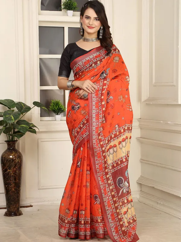 Orange__Linen_Kalamkari__Digital_Print_Saree_with_Unstitched_Blouse_Piece