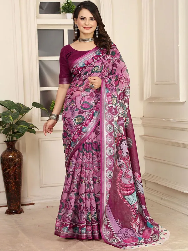 Kalamkari_Digital_Print_Linen_Saree_With_Unstitched_Blouse_Piece