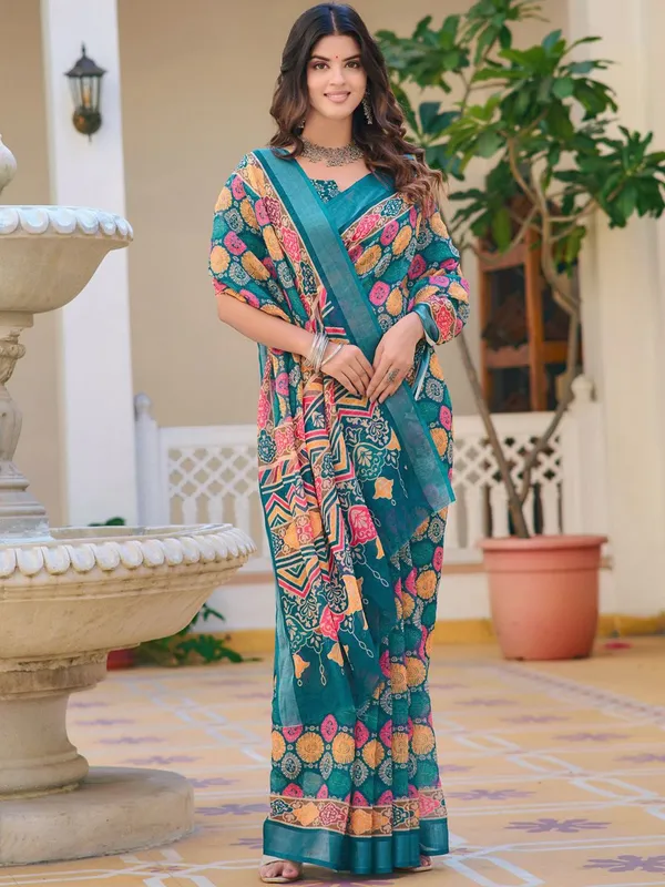 Blue_Linen_Digital_Print_Sari_With_Unstitched_Blouse_Piece
