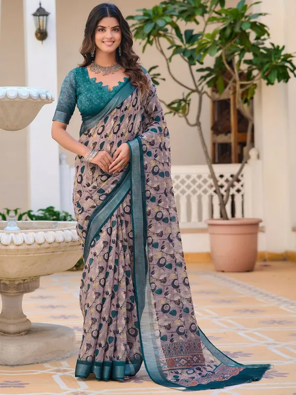 Elegent_Linen_Digital_Print_Sari_With_Unstitched_Blouse_Piece