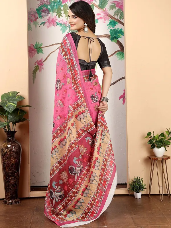 Pink_Kalamkari_Digital_Print_Linen_Saree_With_Unstitched_Blouse_Piece