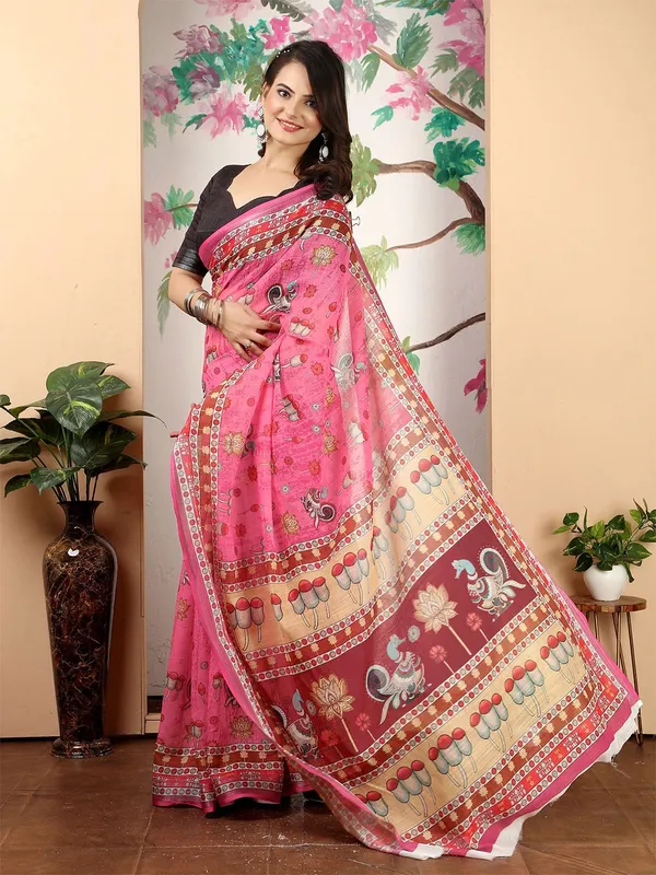 Pink_Kalamkari_Digital_Print_Linen_Saree_With_Unstitched_Blouse_Piece