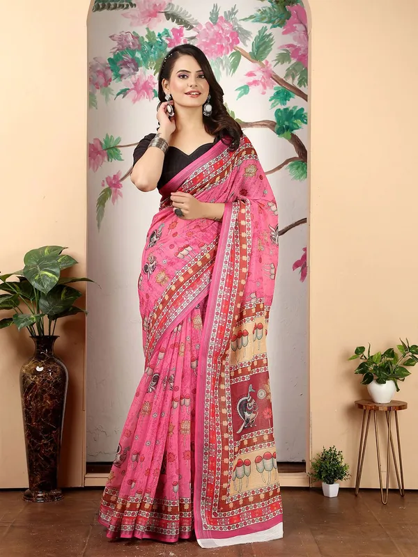 Pink_Kalamkari_Digital_Print_Linen_Saree_With_Unstitched_Blouse_Piece