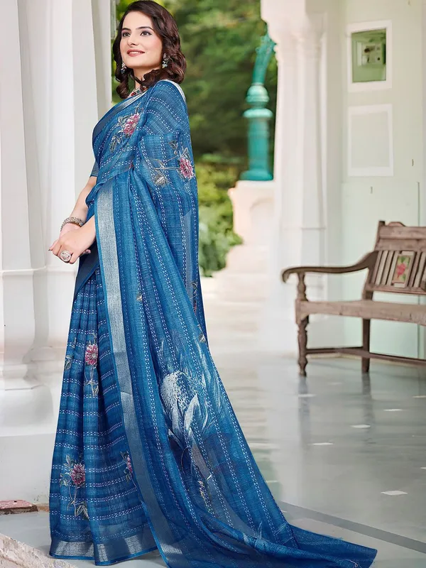 Blue_Linen_Digital_Print_Sari_With_Unstitched_Blouse_Piece