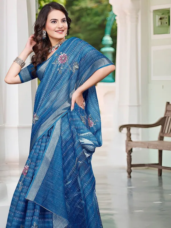 Blue_Linen_Digital_Print_Sari_With_Unstitched_Blouse_Piece