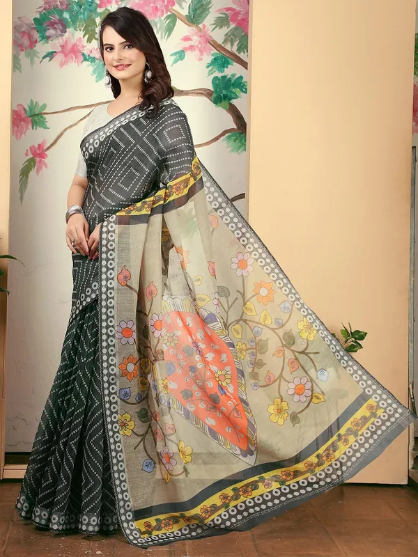 Black_Linen_Digital_Print_Kalamkari_Saree_with_Unstitched_Blouse_Piece