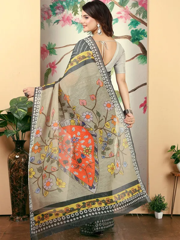 Black_Linen_Digital_Print_Kalamkari_Saree_with_Unstitched_Blouse_Piece