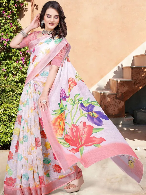 White_Linen_Digital_Print_Saree_With_Unstitched_Blouse_Piece