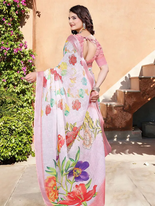 White_Linen_Digital_Print_Saree_With_Unstitched_Blouse_Piece