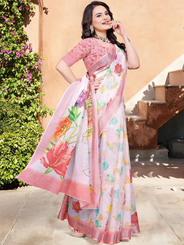 White_Linen_Digital_Print_Saree_With_Unstitched_Blouse_Piece