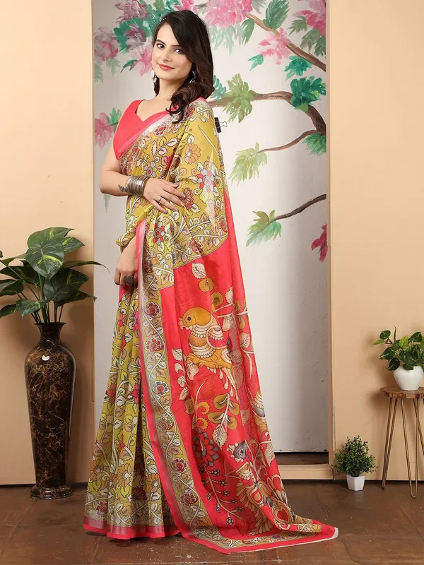 Yellow_Kalamkari_Digital_Print_Linen_Saree_With_Unstitched_Blouse_Piece