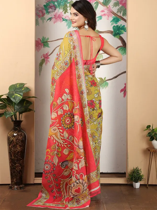 Yellow_Kalamkari_Digital_Print_Linen_Saree_With_Unstitched_Blouse_Piece