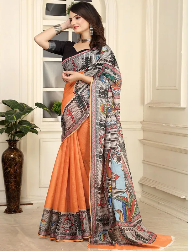 Orange_Kalamkari_Print_Linen_Digital_Print_Sari_With_Unstitched_Blouse_Piece