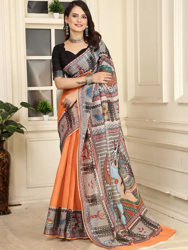 Orange_Kalamkari_Print_Linen_Digital_Print_Sari_With_Unstitched_Blouse_Piece