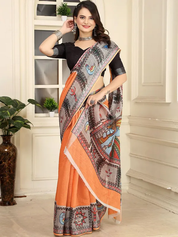 Orange_Kalamkari_Print_Linen_Digital_Print_Sari_With_Unstitched_Blouse_Piece