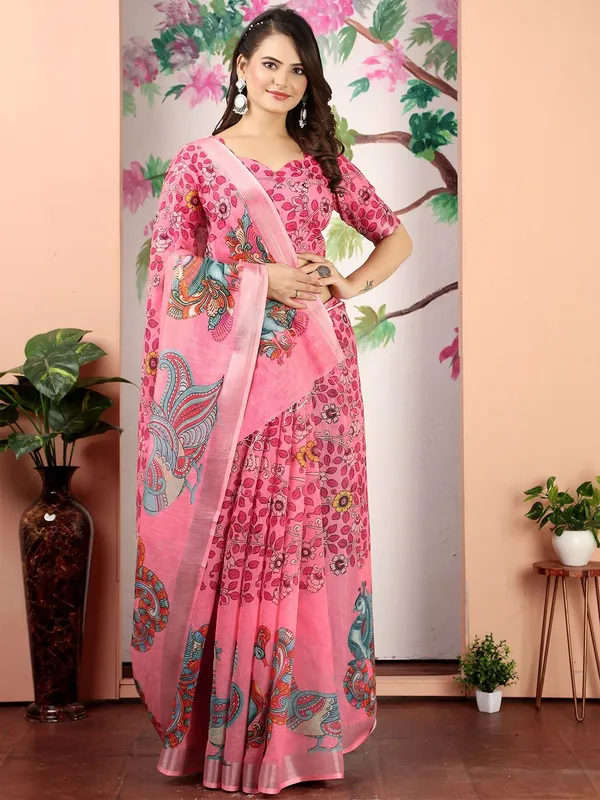 Pink_Linen_Saree_with_Silver_Zari_Border_and_Unstitched_Blouse_Piece