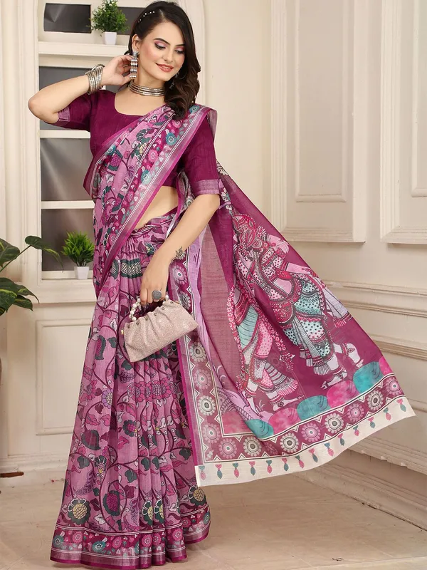 Kalamkari_Digital_Print_Linen_Saree_With_Unstitched_Blouse_Piece