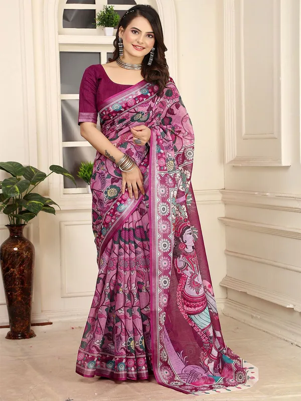 Kalamkari_Digital_Print_Linen_Saree_With_Unstitched_Blouse_Piece