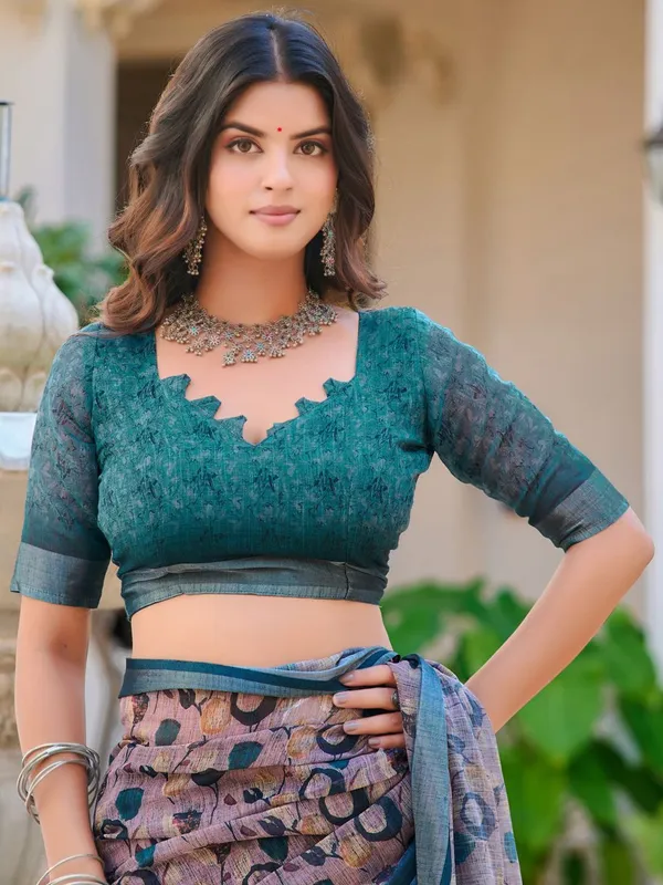 Elegent_Linen_Digital_Print_Sari_With_Unstitched_Blouse_Piece