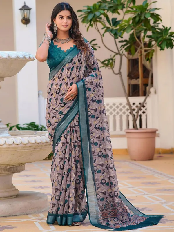 Elegent_Linen_Digital_Print_Sari_With_Unstitched_Blouse_Piece