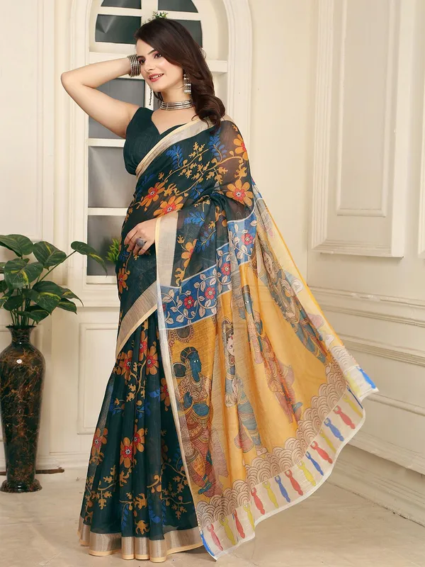 Black__Linen_Digital_Print_Sari_With_Unstitched_Blouse_Piece
