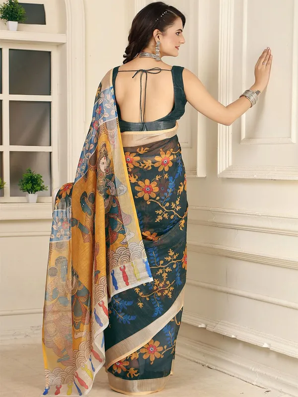 Black__Linen_Digital_Print_Sari_With_Unstitched_Blouse_Piece