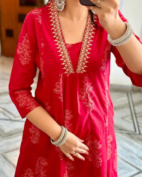 Red_Cotton_printed_Kurta_Pant_with_Dupatta_for_women
