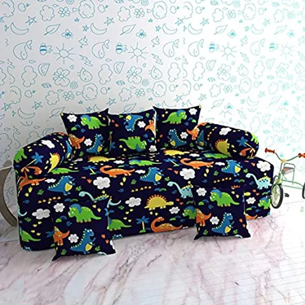 220TC_Combo_of_8_Pcs_Diwan_Set_Covers_and_Double_Bed_Bedsheet_with_2_Pillow_Covers_-_Blue_Dinosaurs