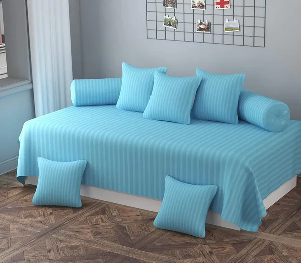 220TC_Satin_Stripes_Combo_of_8_Pcs_Diwan_Set_Covers_and_Double_Bed_Bedsheet_with_2_Pillow_Covers_-_Light_Blue
