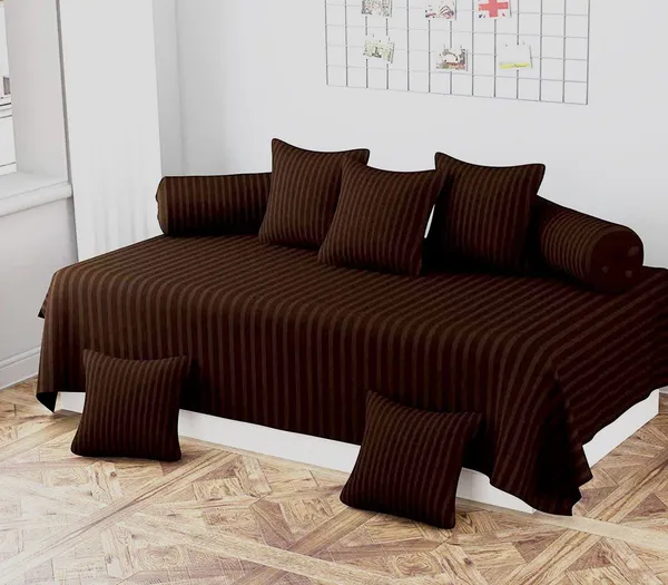 220TC_Satin_Stripes_Combo_of_8_Pcs_Diwan_Set_Covers_and_Double_Bed_Bedsheet_with_2_Pillow_Covers_-_Brown