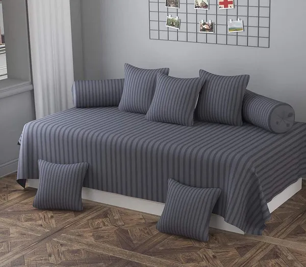 220TC_Satin_Stripes_Combo_of_8_Pcs_Diwan_Set_Covers_and_Double_Bed_Bedsheet_with_2_Pillow_Covers_-_Grey