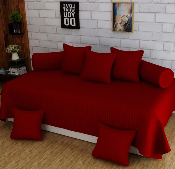 220TC_Satin_Stripes_Combo_of_8_Pcs_Diwan_Set_Covers_and_Double_Bed_Bedsheet_with_2_Pillow_Covers_-_Maroon