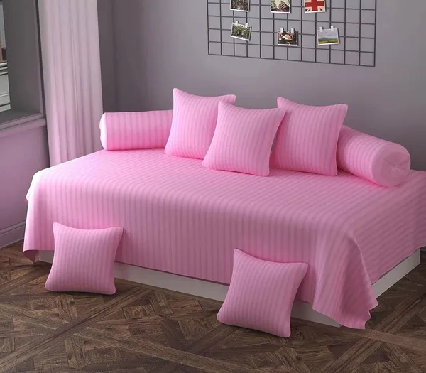 220TC_Satin_Stripes_Combo_of_8_Pcs_Diwan_Set_Covers_and_Double_Bed_Bedsheet_with_2_Pillow_Covers_-_Pink