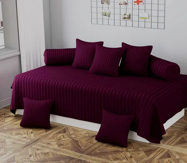 220TC_Satin_Stripes_Combo_of_8_Pcs_Diwan_Set_Covers_and_Double_Bed_Bedsheet_with_2_Pillow_Covers_-_Wine