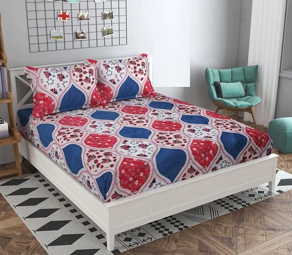 220TC_Premium_Elastic_Fitted_100%_Cotton_Feel_Printed_King_Size_Double_Bed_Bedsheet_with_2_Pillow_Cover_(72"x78"_Upto_6"_Mattress)_Red_Blue_Domas