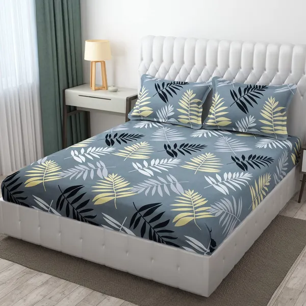 220TC_Premium_Elastic_Fitted_100%_Cotton_Feel_Printed_King_Size_Double_Bed_Bedsheet_with_2_Pillow_Cover_(72"x78"_Upto_6"_Mattress)_Gray_Leafs