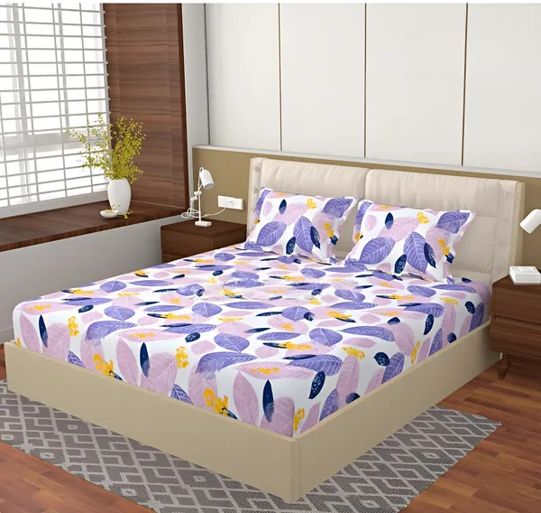 PINK_LEAF_220_TC_Cotton_All_Round_Elastic_Fitted_Bedsheet_with_2_Pillow_Covers_(72X78X_Up_to_10_Inches)_&_360_Degree_Elasticated