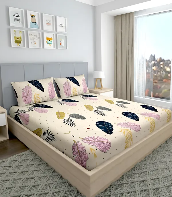 CREAMISH_FEATHER_220_TC_Fitted_Bedsheet_with_2_Pillow_Covers_(72X78X_Upto_10_Inches)_&_360_Degree_Elasticated
