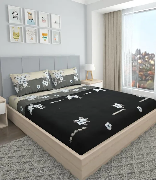 BLACK_AND_GREY_220_TC_Fitted_Elastic_Bedsheet_with_Two_Pillow_Covers_(72X78X_Up_to_10_Inches)_&_360_Degree_Elasticated