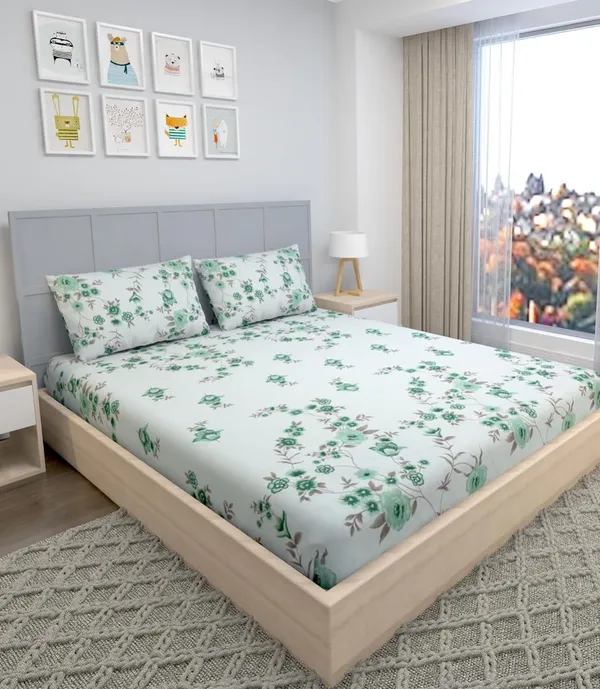 LIGHT_GREEN_220_TC_Fitted_Elastic_Bedsheet_with_Two_Pillow_Covers_(72X78X_Up_to_10_Inches)_&_360_Degree_Elasticated