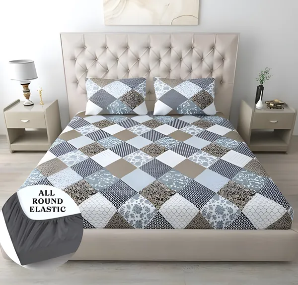 CROSS_DESIGN_220_TC__Fitted_Bedsheet_Multicolor_with_2_Pillow_Covers_(72X78X_Upto_10_Inches)_&_360_Degree_Elasticated
