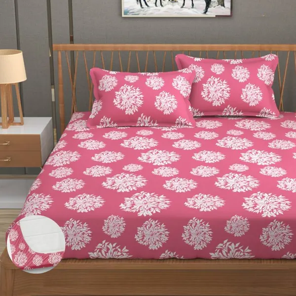 PINK_DAMASS_Cotton__Size_Elastic_Fitted_Bedsheets_With_2_Pillow_Covers_(90X100)_(Brown)__(72X78X_Upto_10_Inches)_&_360_Degree_Elasticated