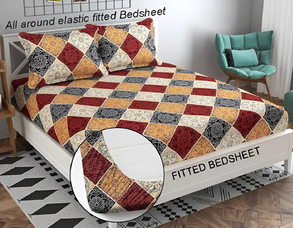 RED_DAMASSES_Fitted_Bedsheet_with_2_Pillow_Covers_(72X78X_Upto_10_Inches)_&_360_Degree_Elasticated