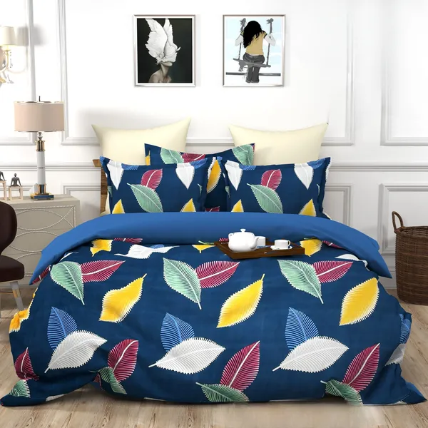 BLUE_LEAF_Premium_Fitted_Elastic_Bedsheet_with_Two_Pillow_Covers_(72X78X_Up_to_10_Inches)_&_360_Degree_Elasticated