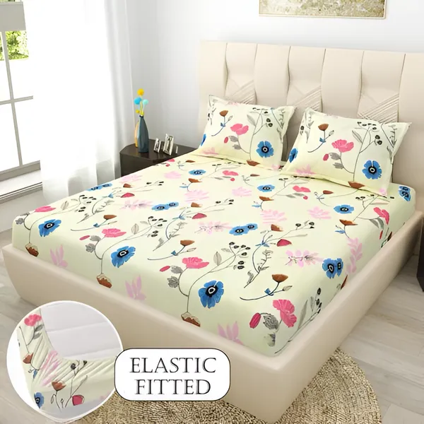 CREAM_TWIL_Premium_Fitted_Elastic_Bedsheet_with_Two_Pillow_Covers_(72X78X_Up_to_10_Inches)_&_360_Degree_Elasticated
